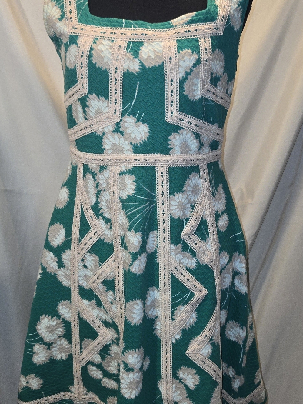 Anrhropologie Maeve Teal Floral Lace-Trim Fit-and-Flare Dress